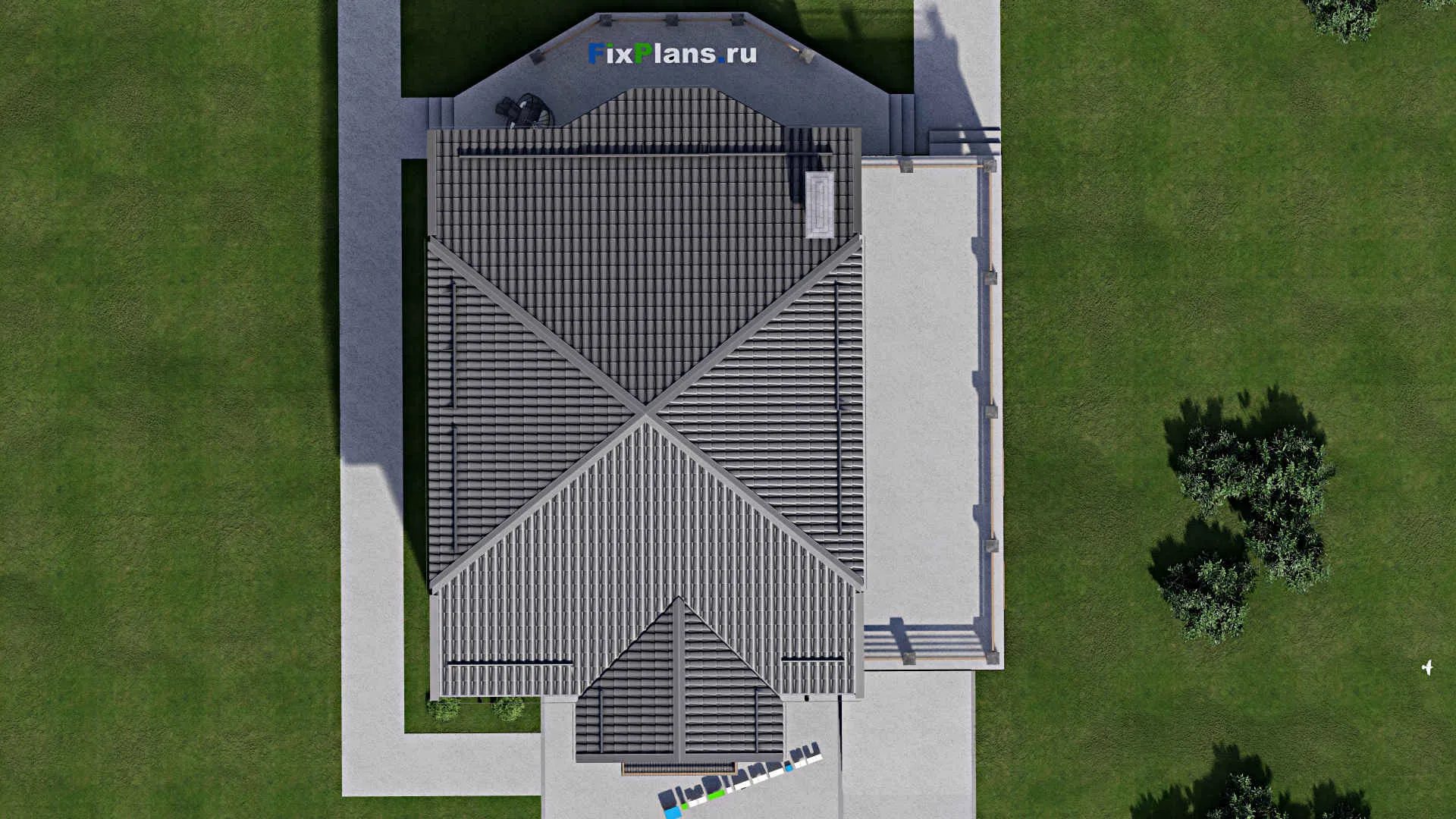 F-2699 - Проект двухэтажного дома 14 на 14, площадью 300 м² с террасой, балконом, гаражом на 1 машину, бассейном и 4 спальнями