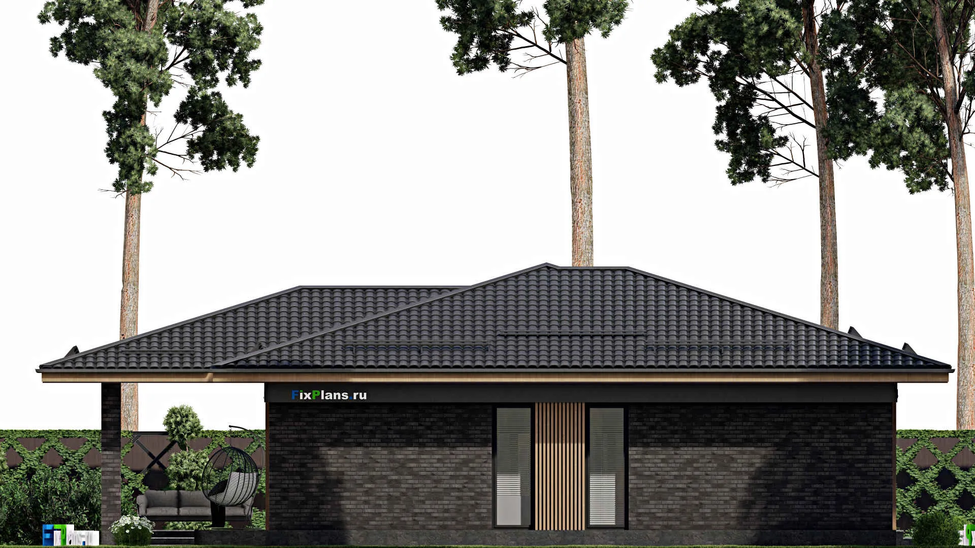 F-1979 - Проект одноэтажного дома 13 на 17, площадью 200 м² с террасой и 3 спальнями