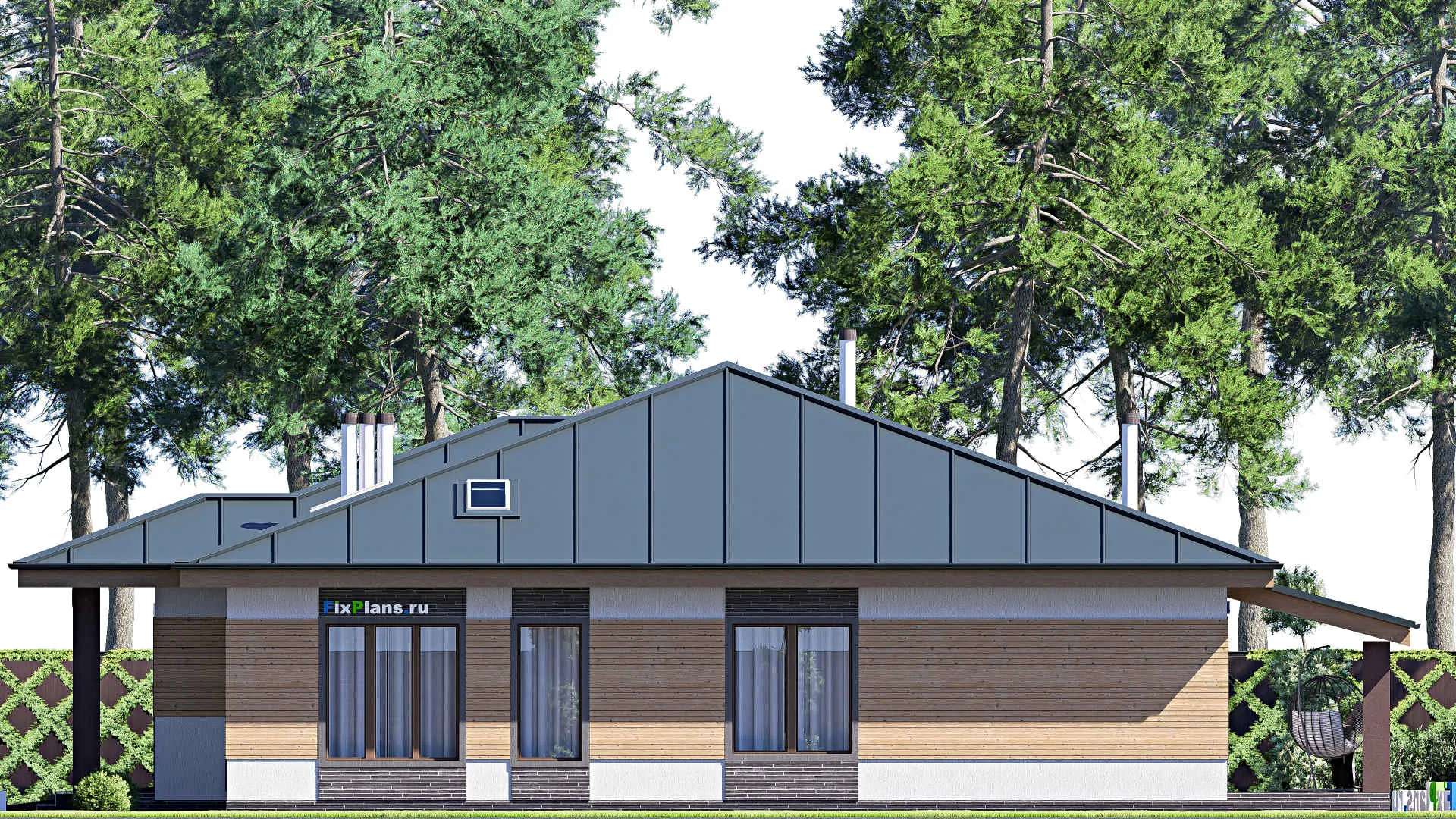 F-20483 - Проект одноэтажного дома 16 на 20, площадью 230 м² с террасой, гаражом на 2 машины и 3 спальнями