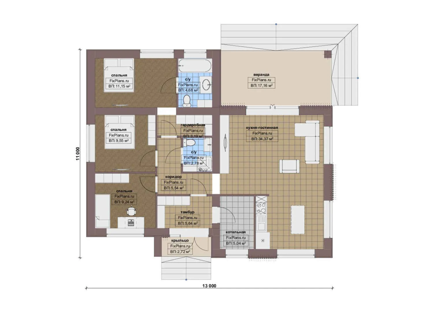 F-16559 - План одноэтажного дома 11 на 13, площадью 120 м² с террасой и 3 спальнями
