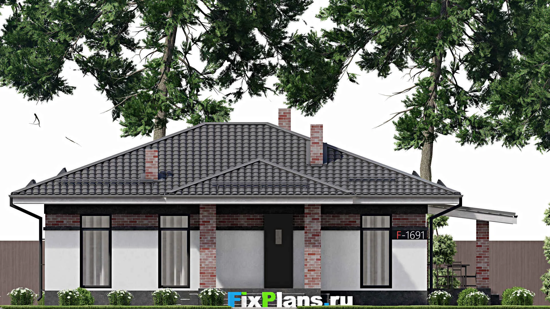 F-1691 - Проект одноэтажного дома 10 на 12, площадью 110 м² с террасой и 4 спальнями