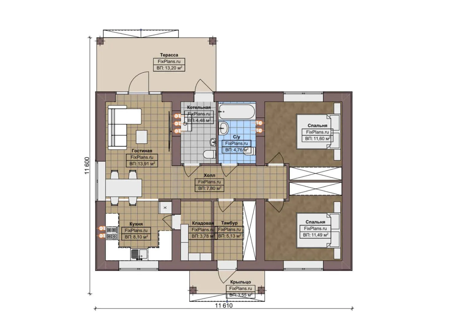 F-6731 - План одноэтажного дома 12 на 12, площадью 90 м² с террасой и 2 спальнями