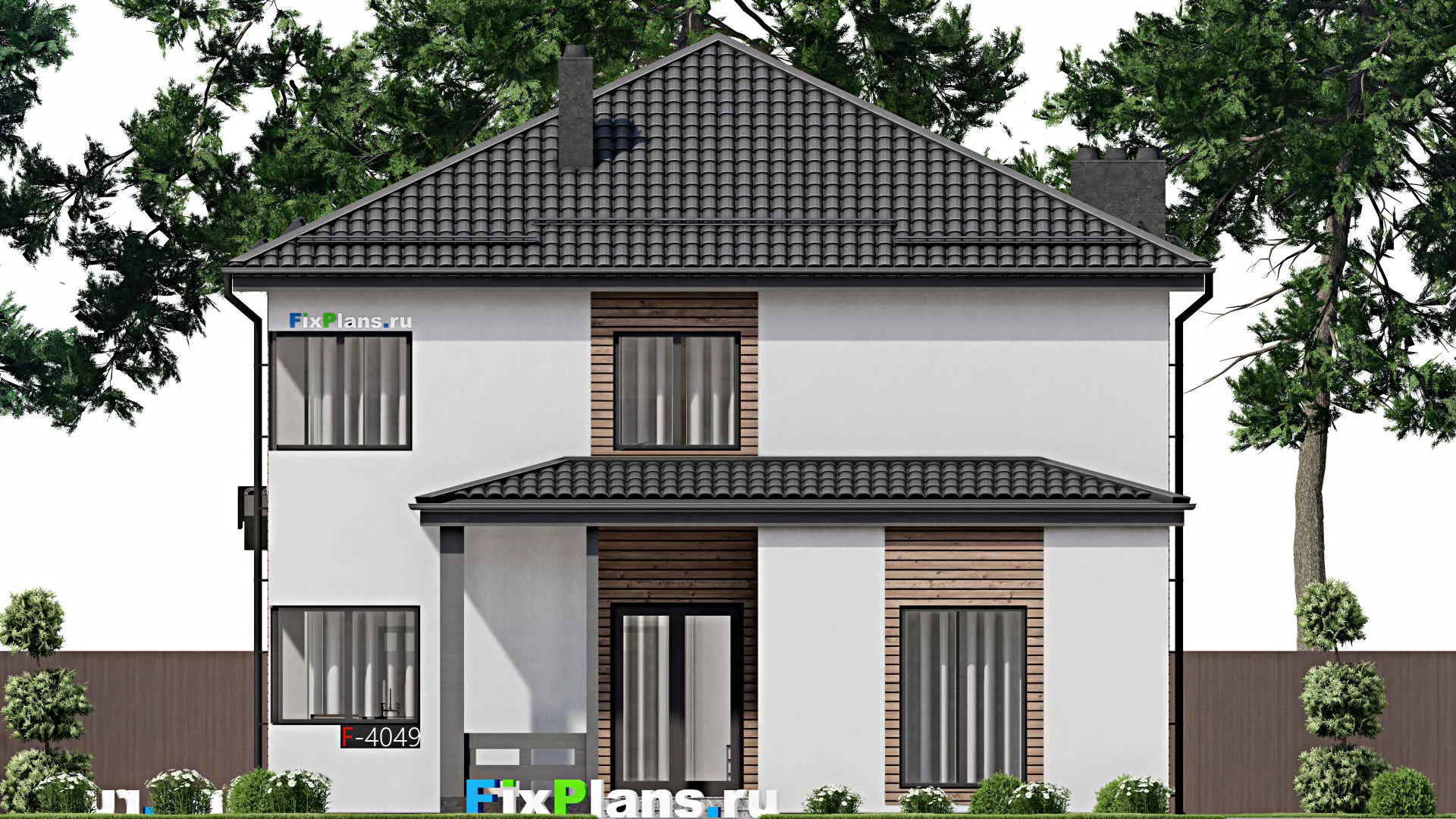 F-4049 - Проект двухэтажного дома 12 на 17, площадью 230 м² с террасой, баней и 4 спальнями