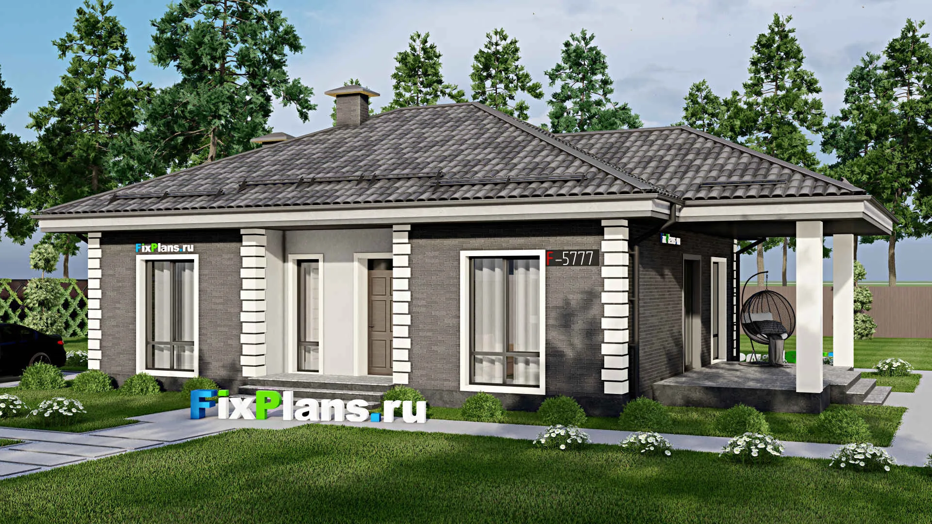F-5777 - Проект одноэтажного дома 10 на 12, площадью 120 м² с террасой и 3 спальнями