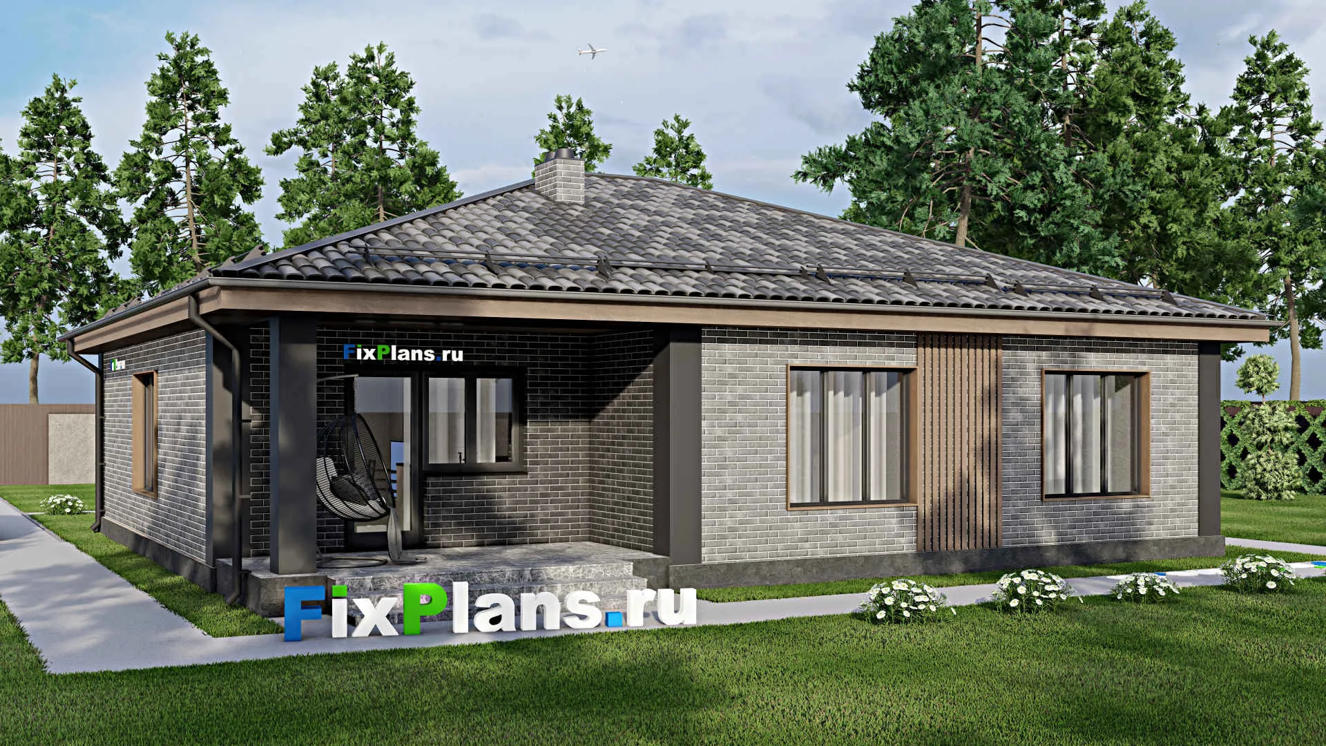 F-7541 - Проект одноэтажного дома 13 на 14, площадью 130 м² с террасой и 3 спальнями