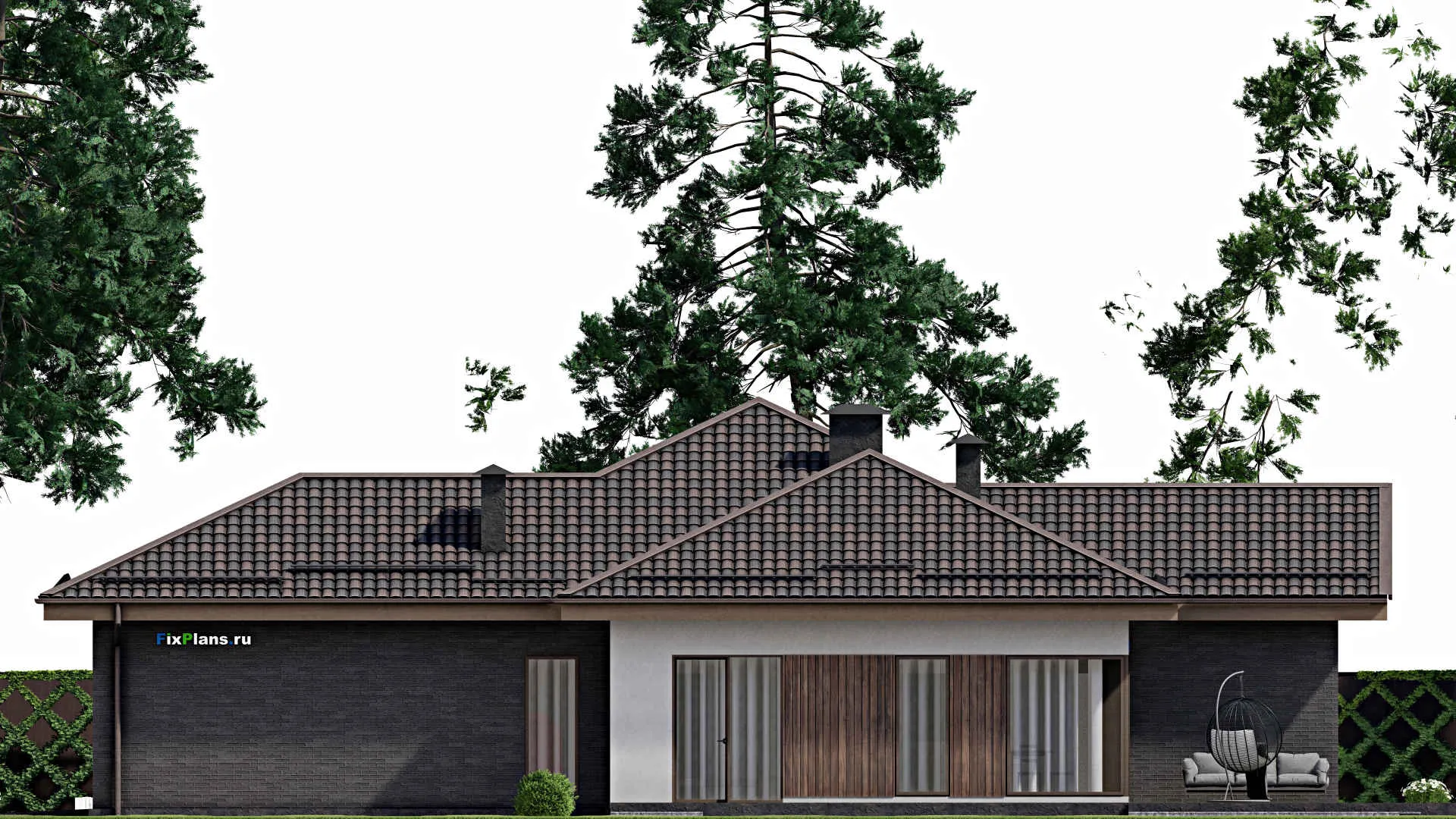 F-6434 - Проект одноэтажного дома 18 на 21, площадью 330 м² с террасой, гаражом на 2 машины и 4 спальнями