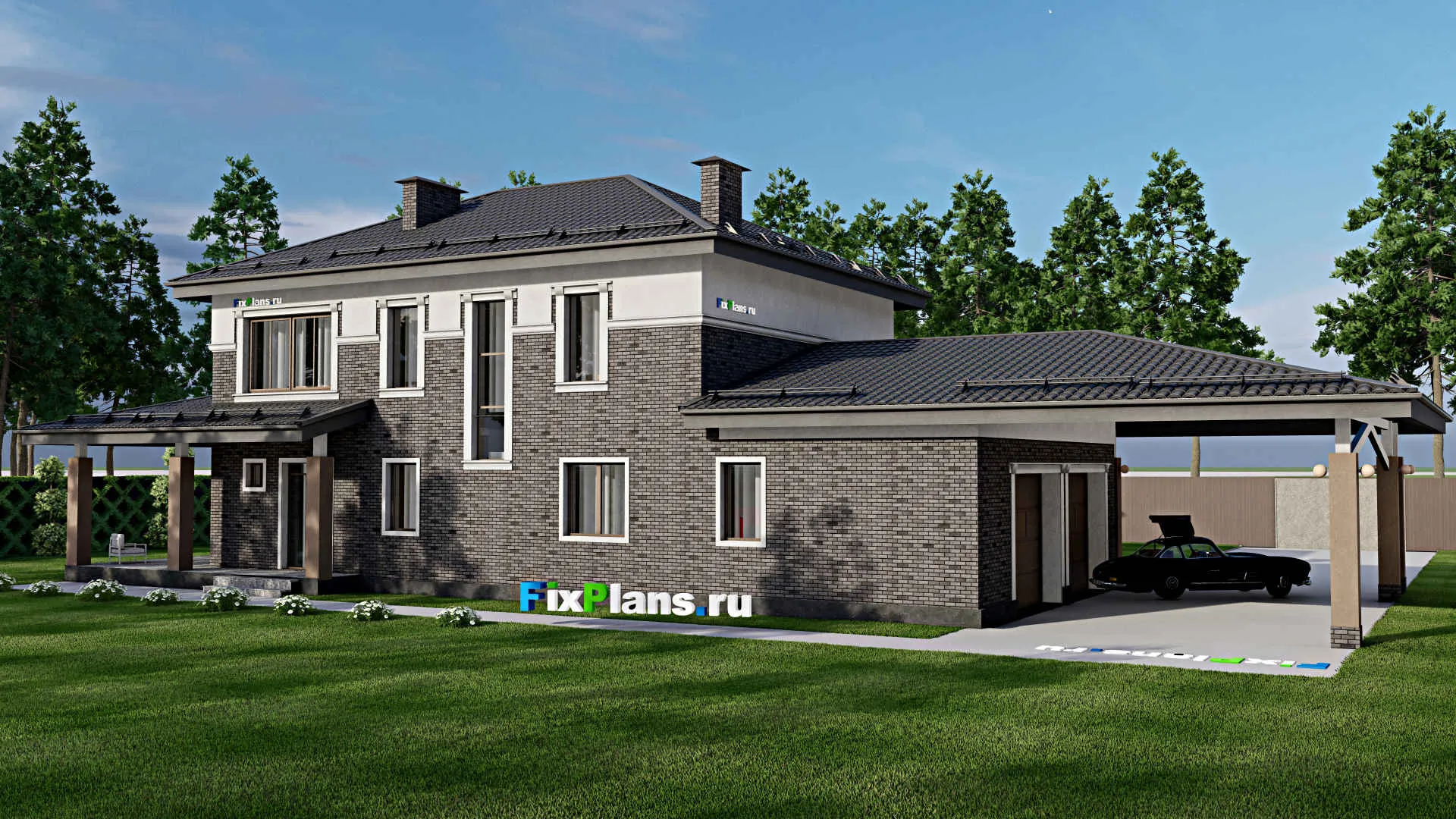 F-10079 - Проект двухэтажного дома 12 на 28, площадью 270 м² с террасой, баней, гаражом на 1 машину и 5 спальнями