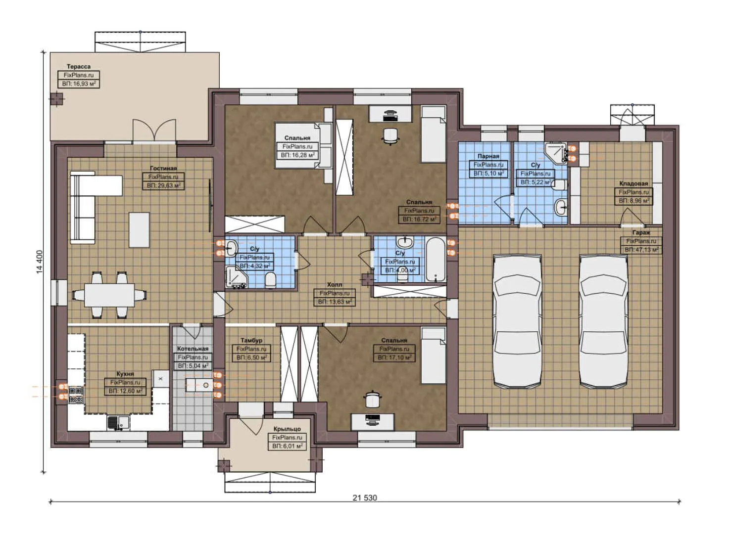 F-7136 - План одноэтажного дома 15 на 22, площадью 220 м² с террасой, баней, гаражом на 2 машины и 3 спальнями