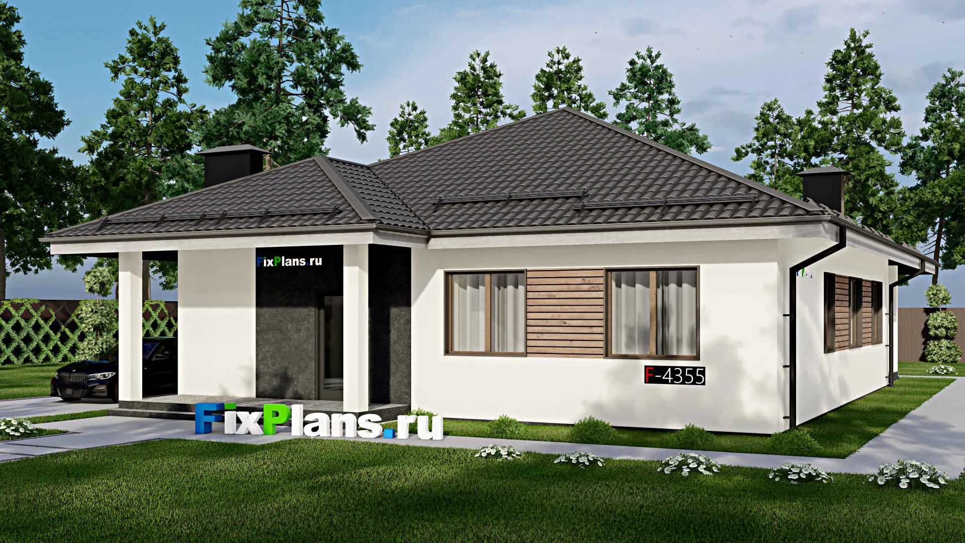 F-4355 - Проект одноэтажного дома 13 на 14, площадью 160 м² с террасой и 3 спальнями