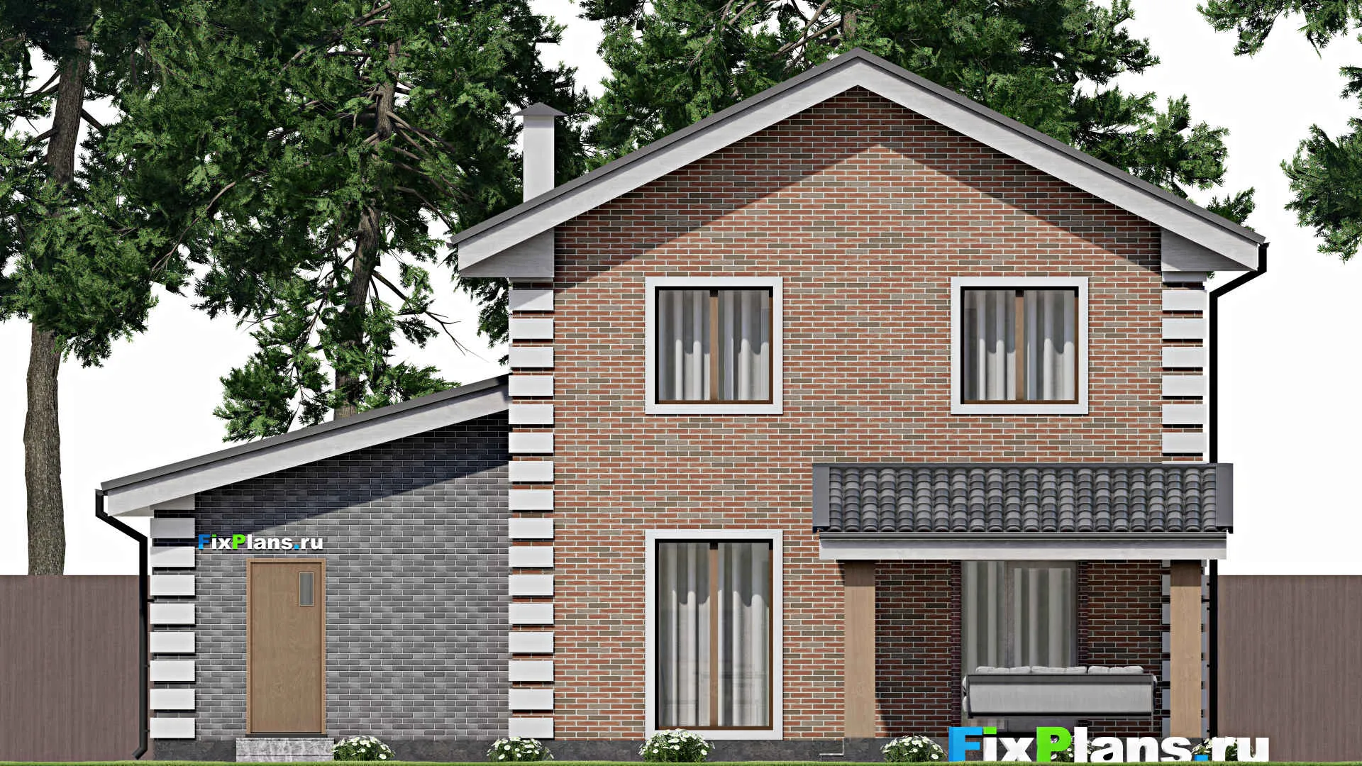 F-9287 - Проект двухэтажного дома 13 на 13, площадью 160 м² с террасой, гаражом на 1 машину и 4 спальнями