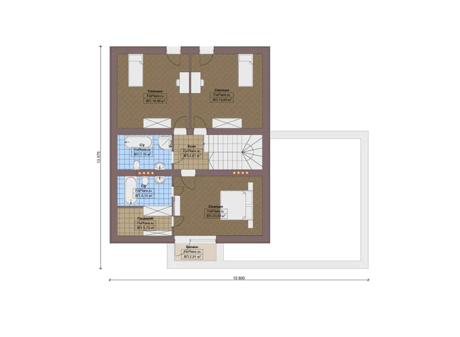 F-16145 - Планы дома с мансардой 16 на 18, площадью 290 м² с террасой, балконом, гаражом на 1 машину и 4 спальнями