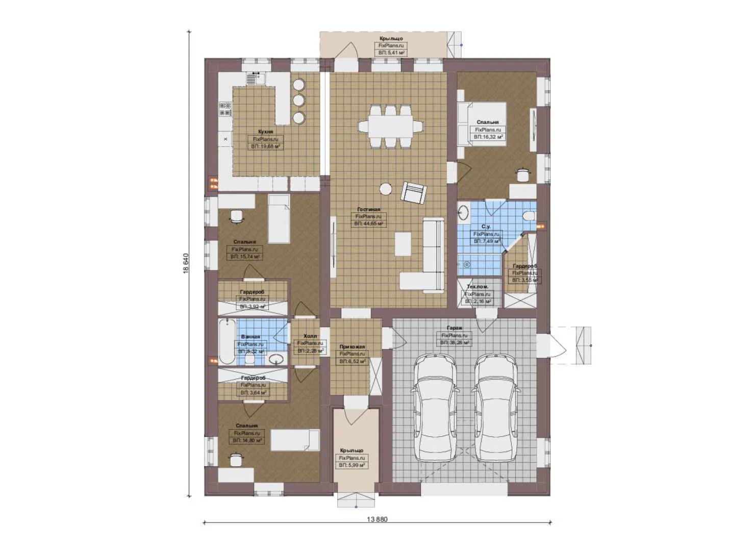 F-19745 - План одноэтажного дома 14 на 19, площадью 200 м² с гаражом на 2 машины и 3 спальнями