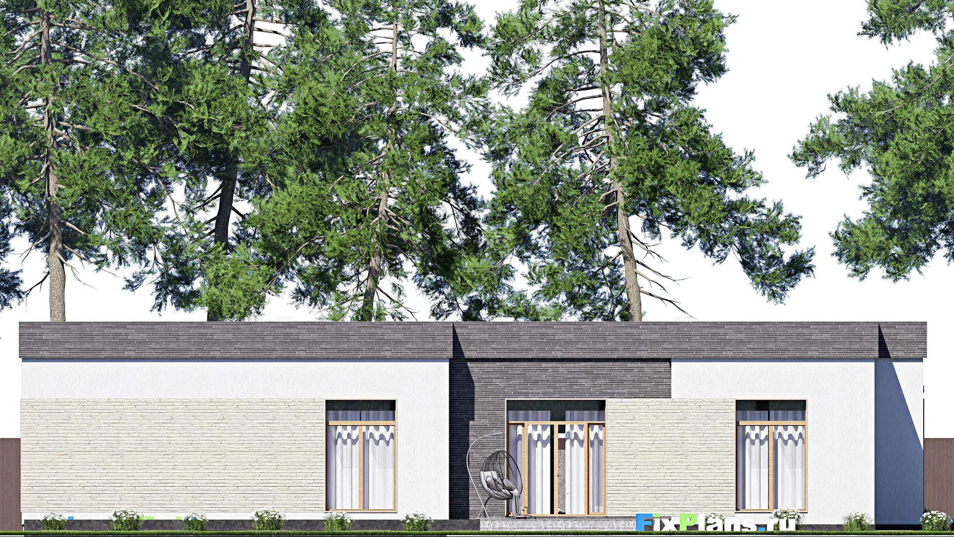 F-20114 - Проект одноэтажного дома 23 на 23, площадью 400 м² с террасой, гаражом на 2 машины и 3 спальнями