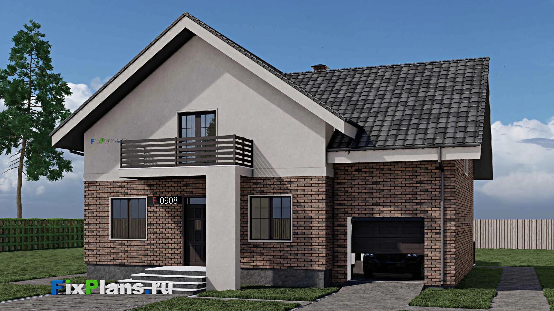 F-0908 - Проект дома с мансардой 13 на 13, площадью 260 м² с террасой, балконом, гаражом на 1 машину и 4 спальнями