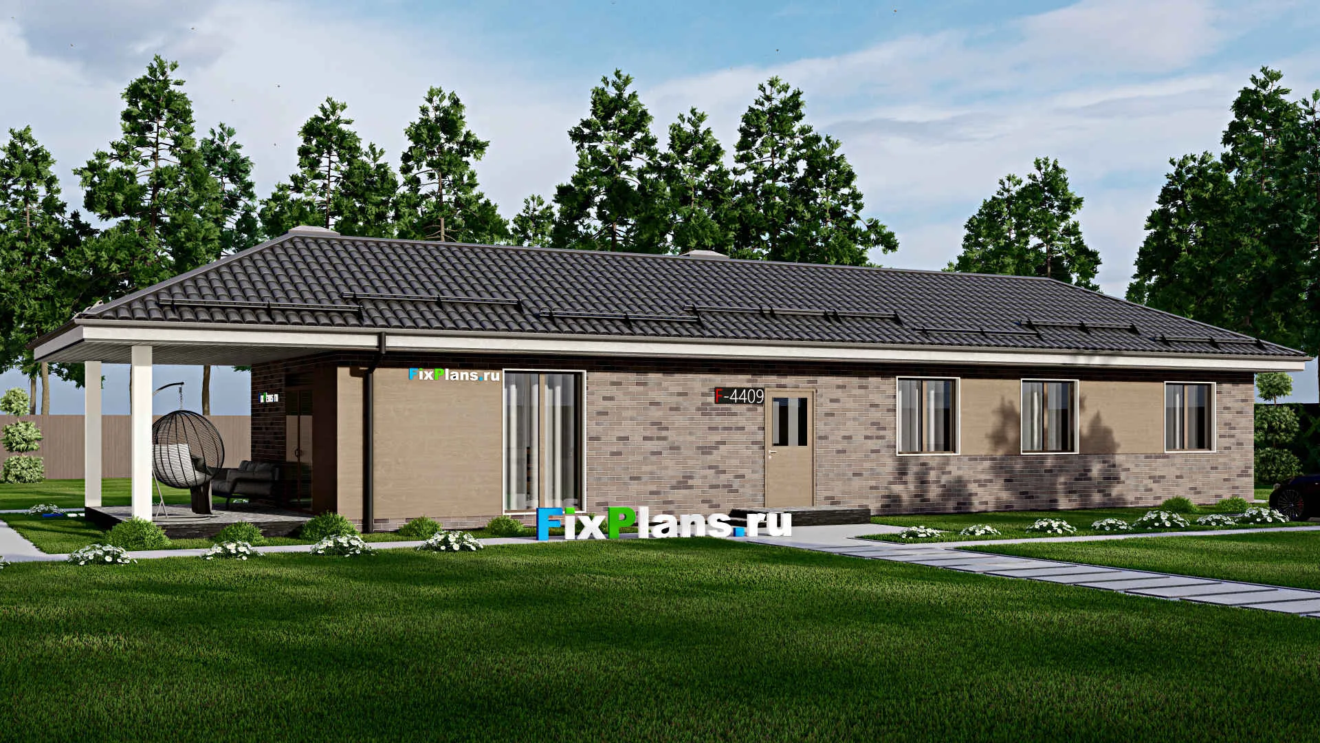 F-4409 - Проект одноэтажного дома 7 на 21, площадью 120 м² с террасой и 3 спальнями