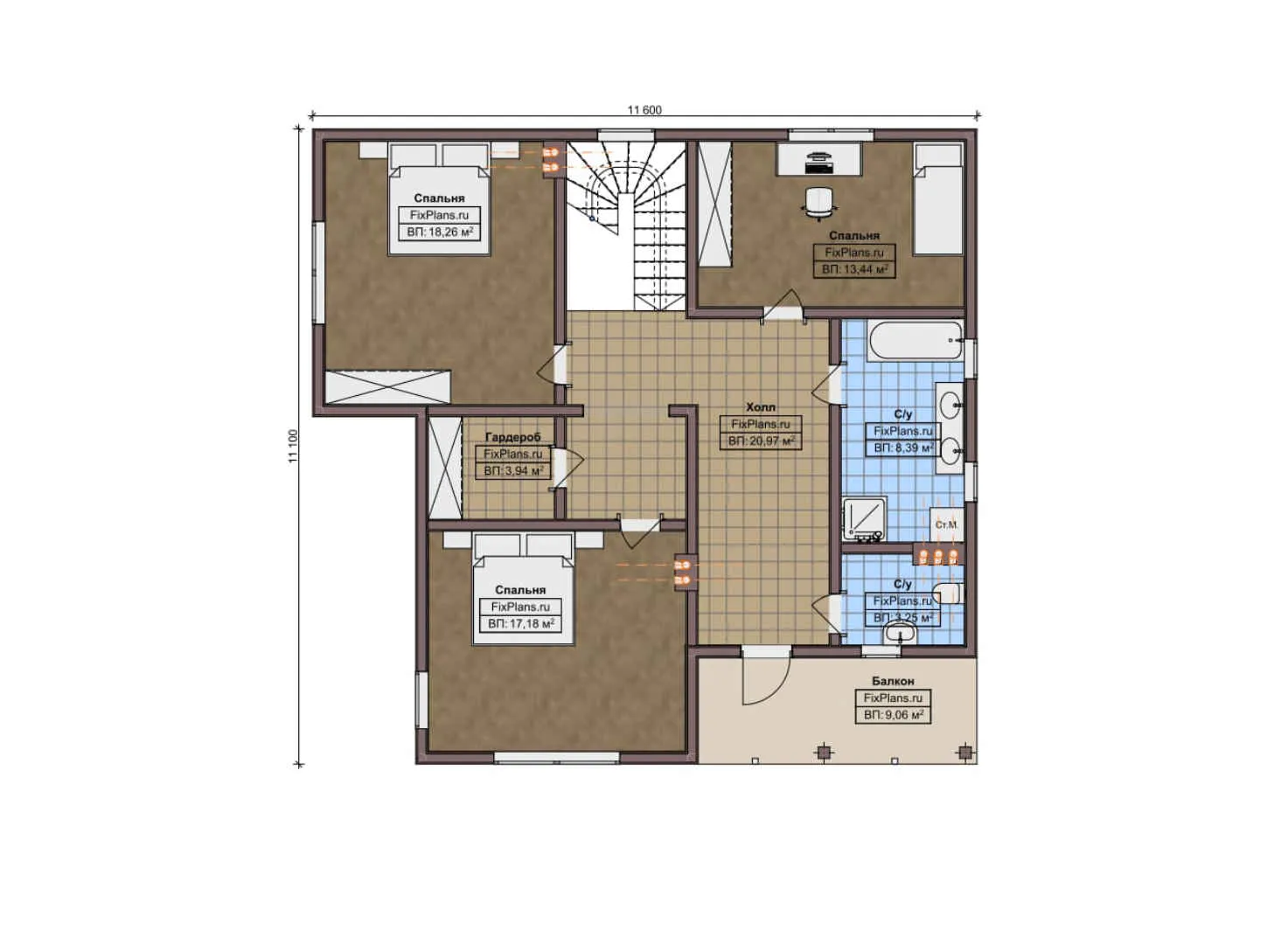 F-8684 - Планы двухэтажного дома 12 на 14, площадью 220 м² с террасой, балконом и 4 спальнями
