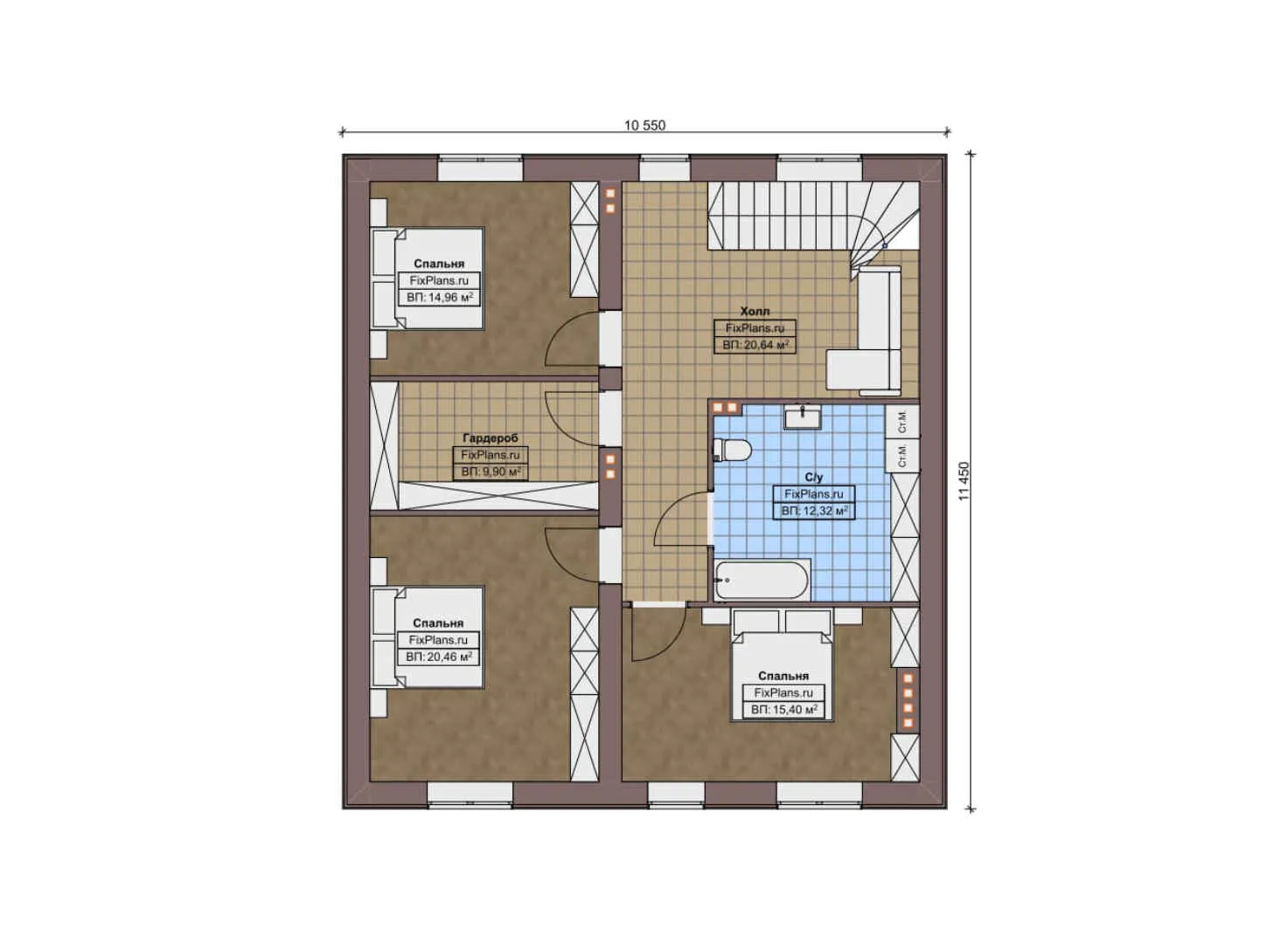 F-11069 - Планы дома с мансардой 11 на 13, площадью 200 м² с 4 спальнями