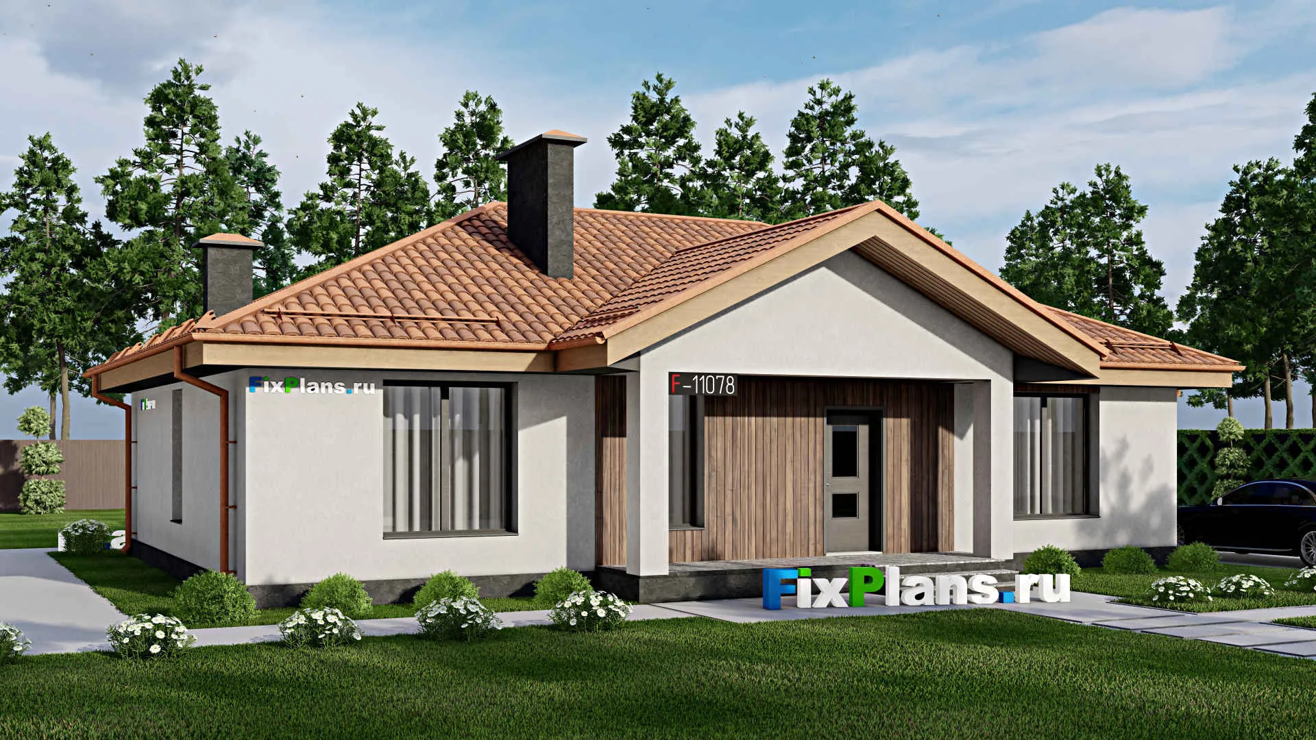 F-11078 - Проект одноэтажного дома 15 на 16, площадью 140 м² с террасой и 3 спальнями