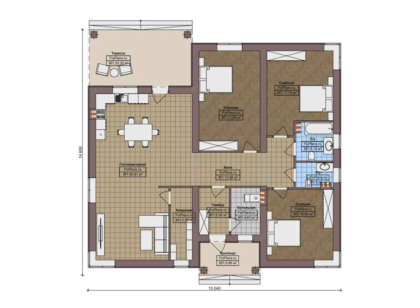 F-10727 - План одноэтажного дома 15 на 16, площадью 180 м² с террасой и 3 спальнями