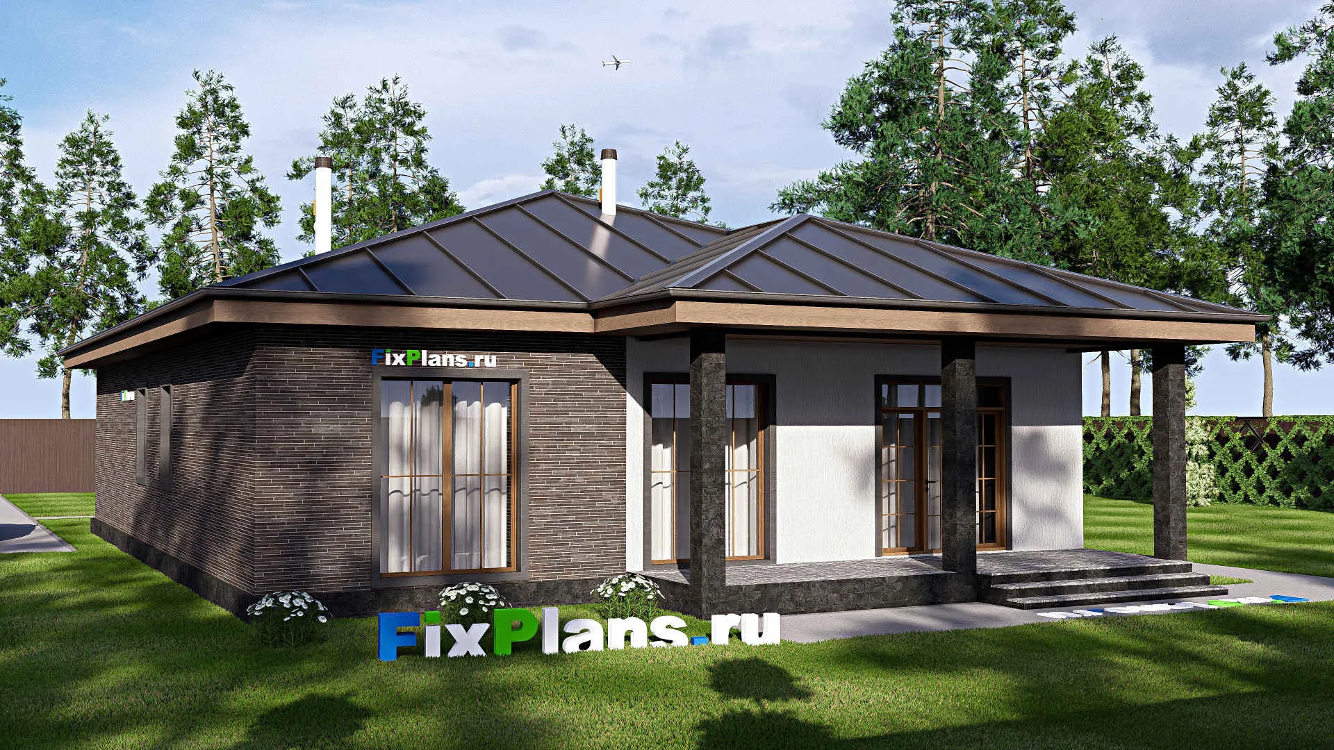 F-18152 - Проект одноэтажного дома 13 на 18, площадью 160 м² с террасой и 3 спальнями