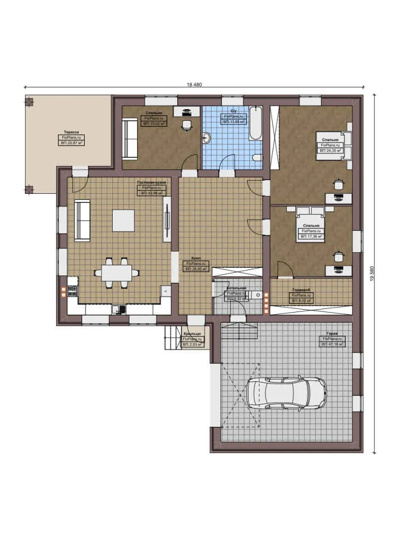 F-8261 - План одноэтажного дома 19 на 20, площадью 230 м² с террасой, гаражом на 2 машины и 3 спальнями