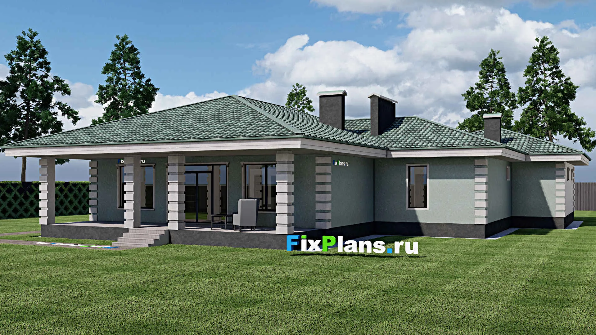 F-0962 - План одноэтажного дома 20 на 24, площадью 250 м² с террасой, гаражом на 2 машины и 3 спальнями