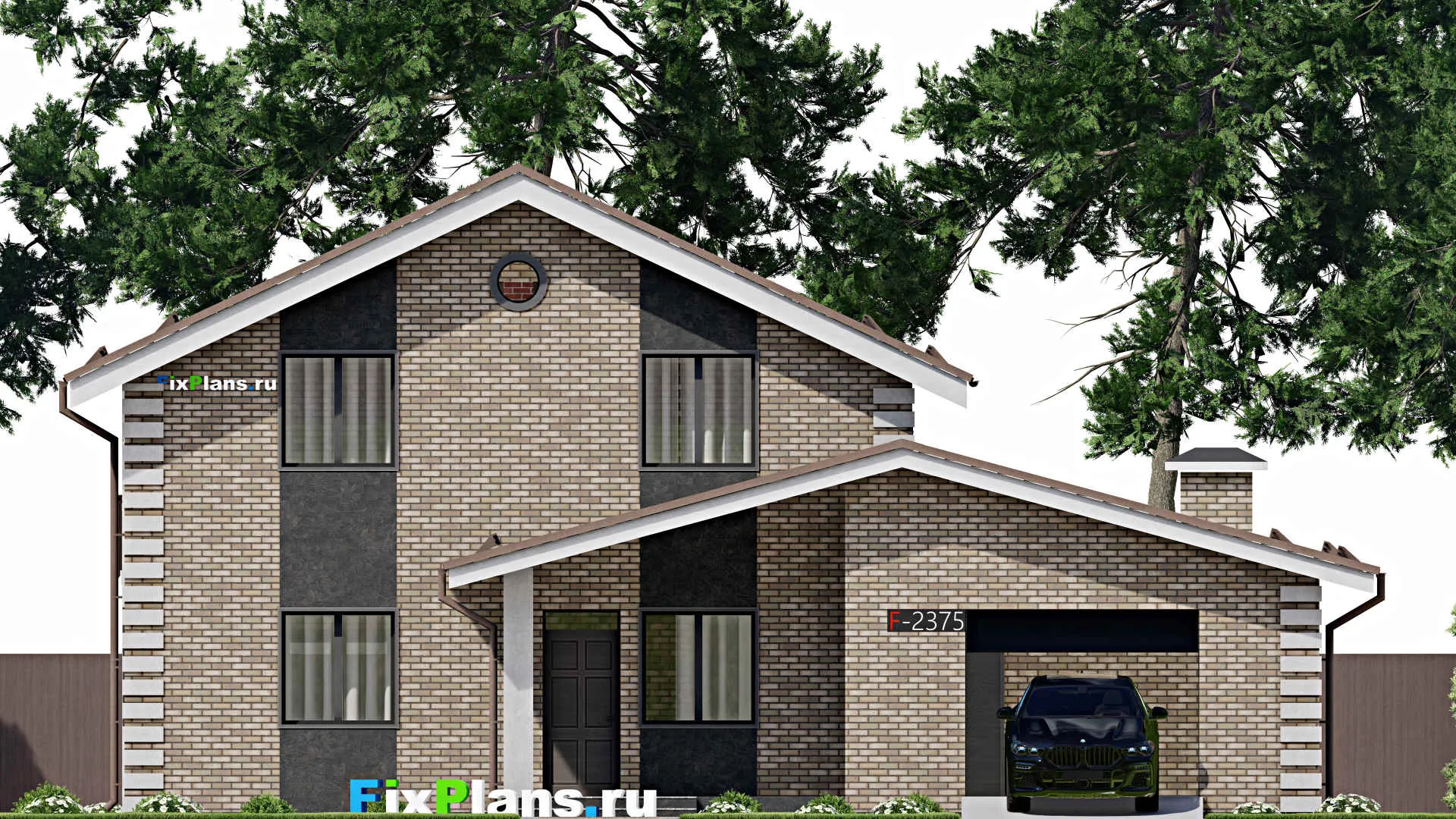 F-2375 - Проект дома с мансардой 14 на 16, площадью 240 м² с террасой, гаражом на 2 машины и 3 спальнями