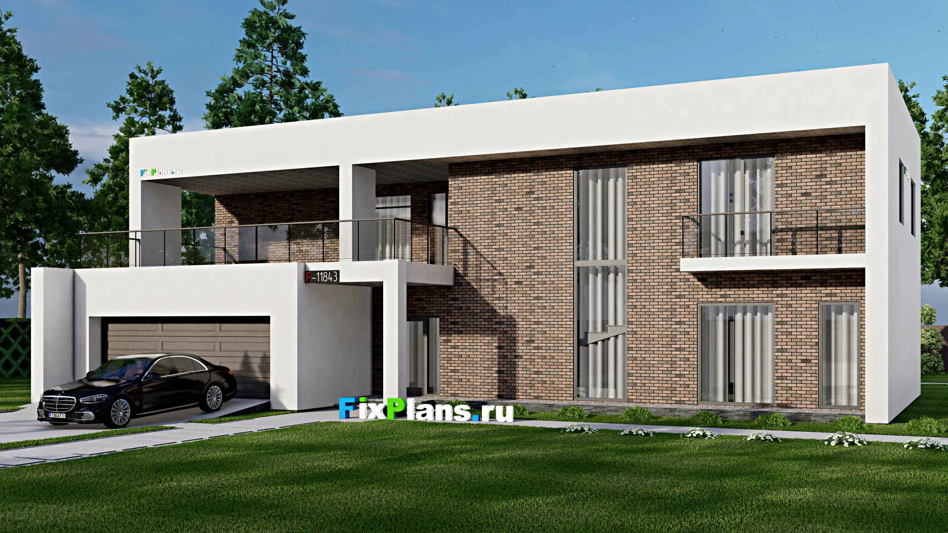 F-11843 - Проект двухэтажного дома 21 на 22, площадью 530 м² с террасой, балконом, гаражом на 1 машину и 6 спальнями