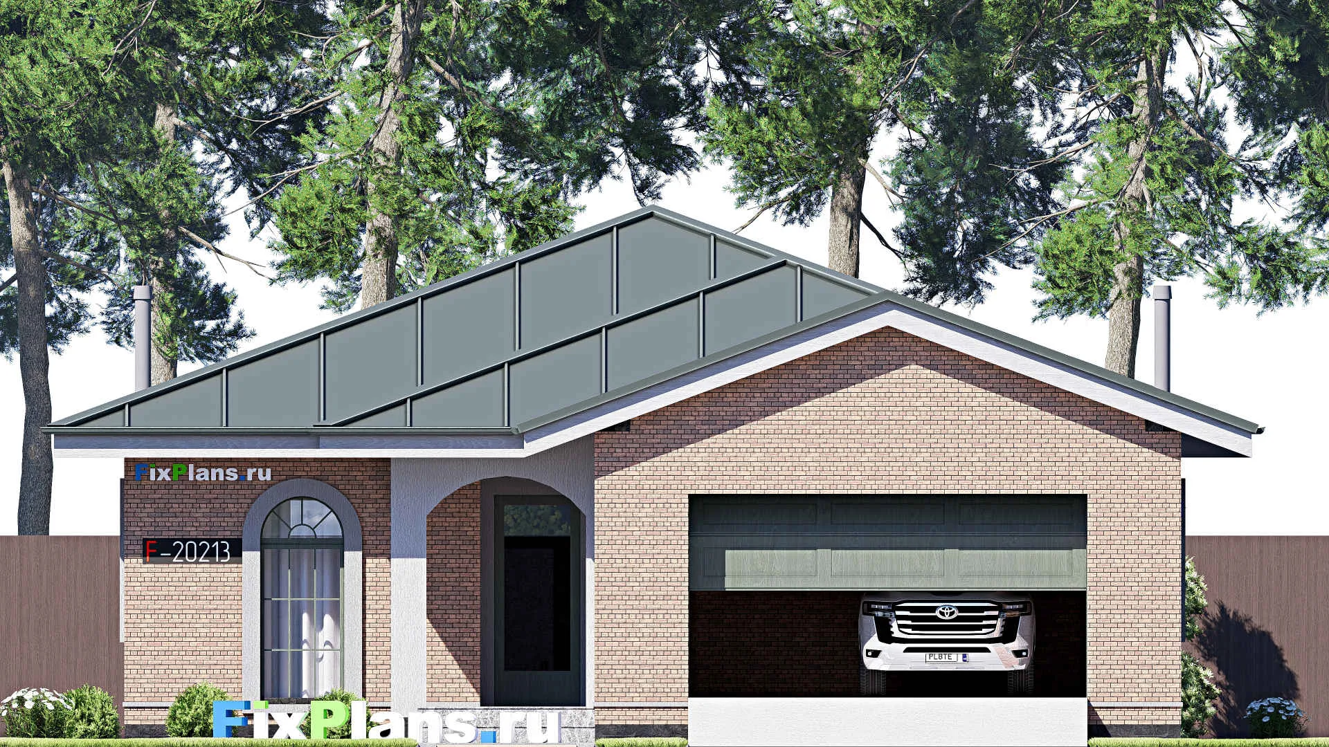 F-20213 - Проект одноэтажного дома 12 на 21, площадью 200 м² с террасой, гаражом на 2 машины и 3 спальнями