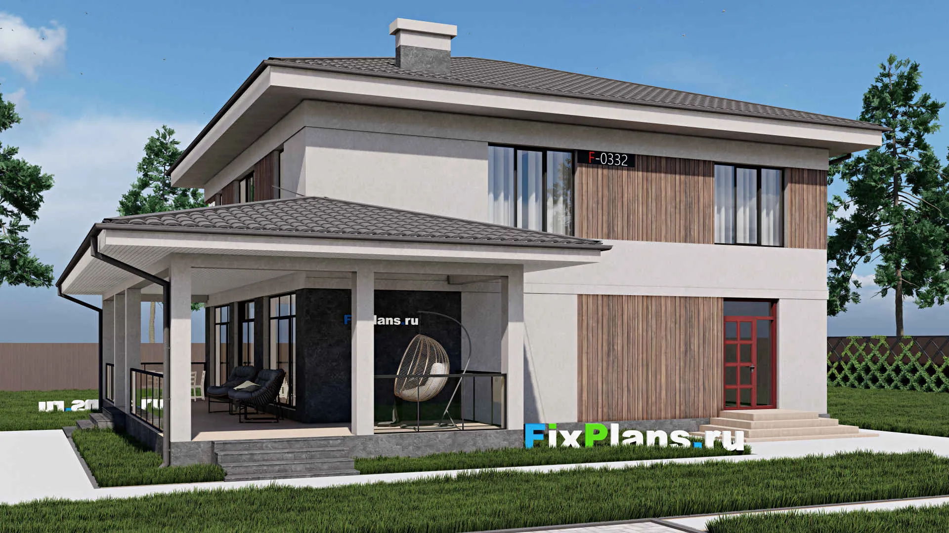 F-0332 - Проект двухэтажного дома 13 на 13, площадью 290 м² с террасой и 3 спальнями