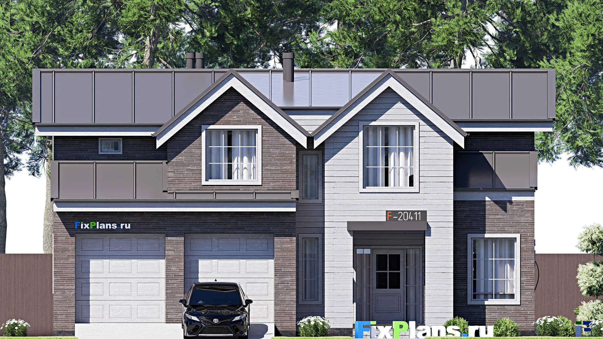 F-20411 - Проект дома с мансардой 14 на 15, площадью 240 м² с террасой, балконом, гаражом на 1 машину и 5 спальнями