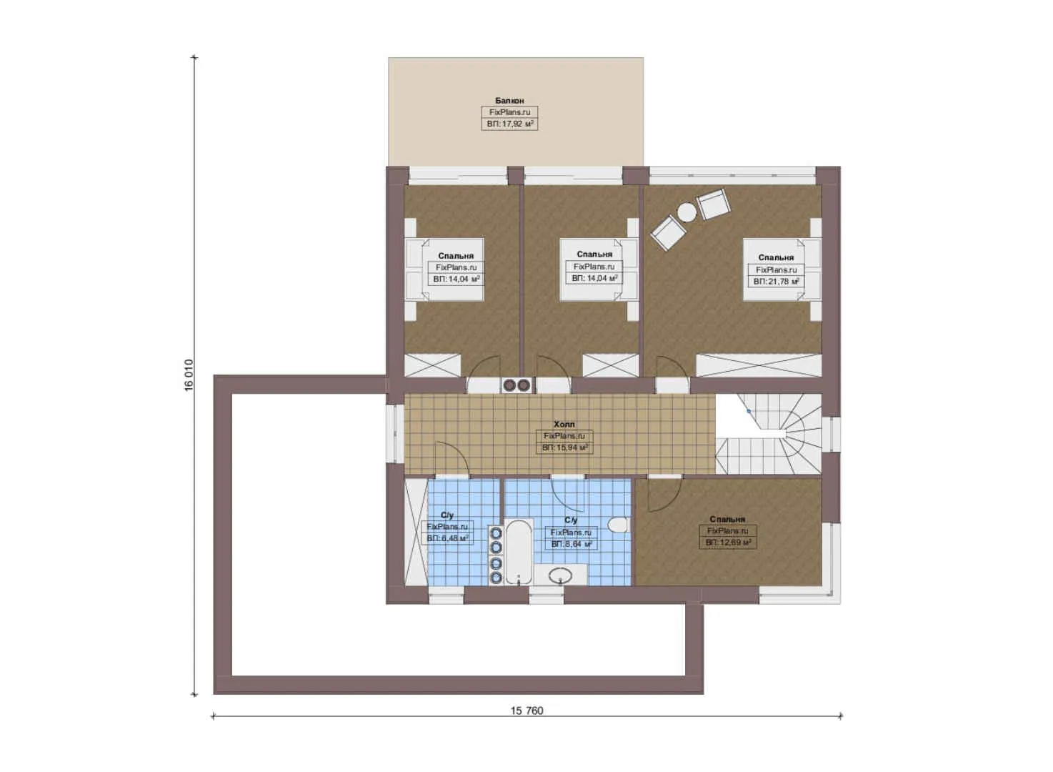 F-16001 - Планы двухэтажного дома 16 на 16, площадью 290 м² с террасой, балконом, гаражом на 1 машину и 4 спальнями