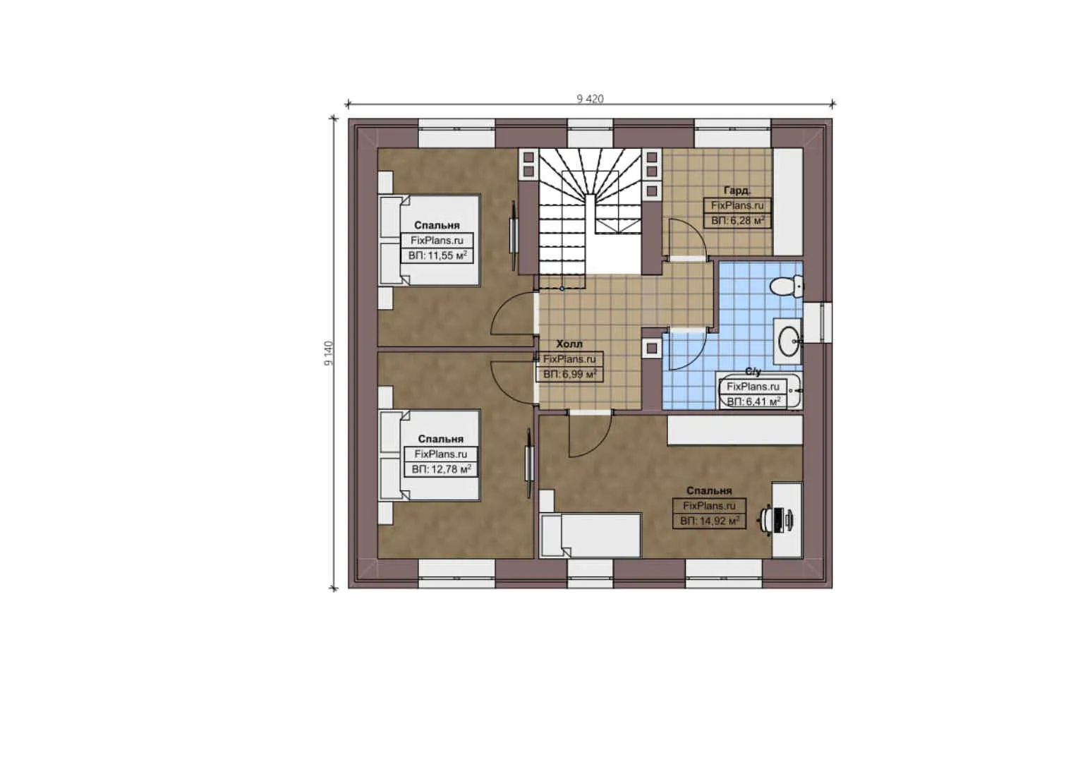 F-1709 - Планы дома с мансардой 10 на 10, площадью 150 м² с террасой и 4 спальнями