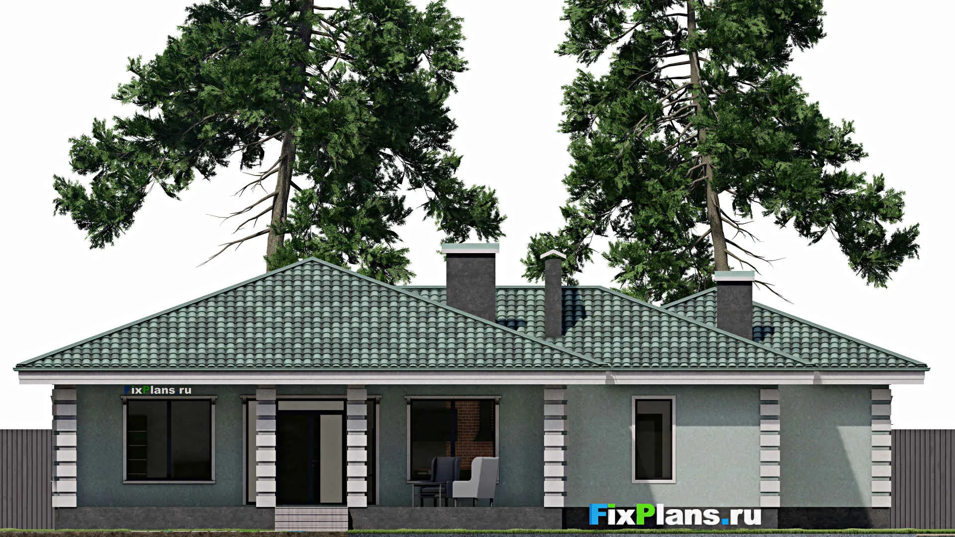 F-0962 - План одноэтажного дома 20 на 24, площадью 250 м² с террасой, гаражом на 2 машины и 3 спальнями