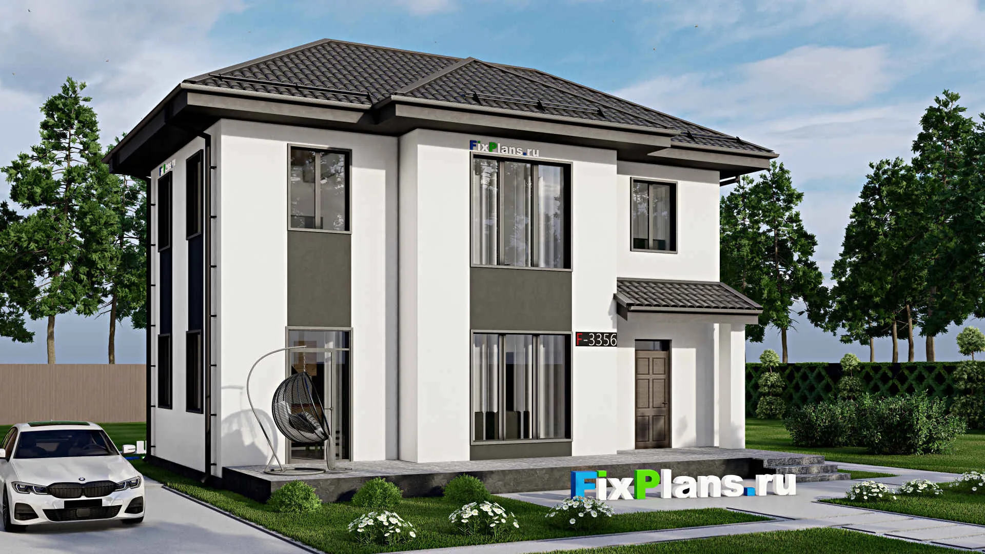 F-3356 - Проект двухэтажного дома 8 на 12, площадью 140 м² с террасой и 3 спальнями