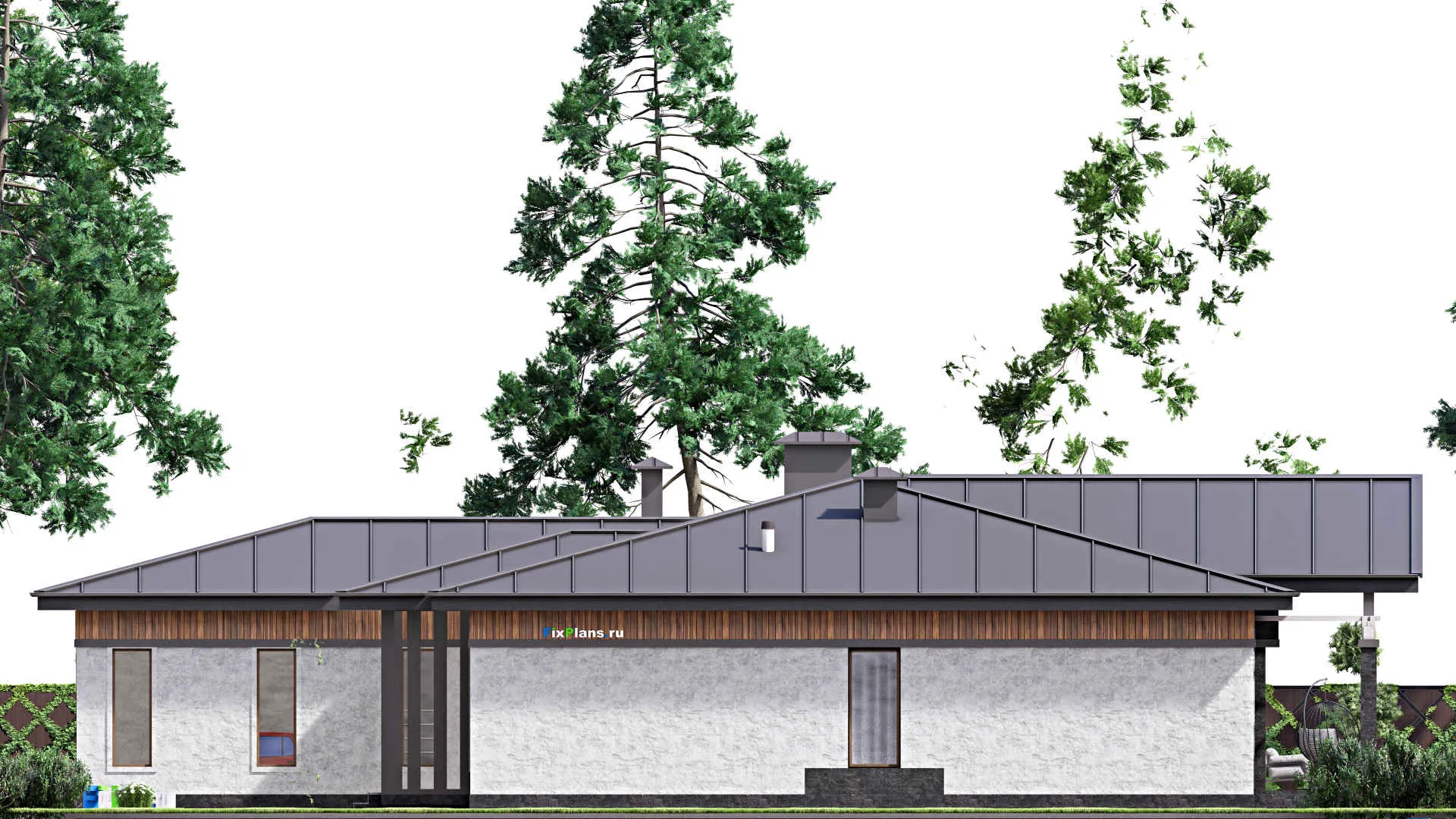 F-15281 - Проект одноэтажного дома 23 на 25, площадью 410 м² с террасой, баней, гаражом на 2 машины и 3 спальнями