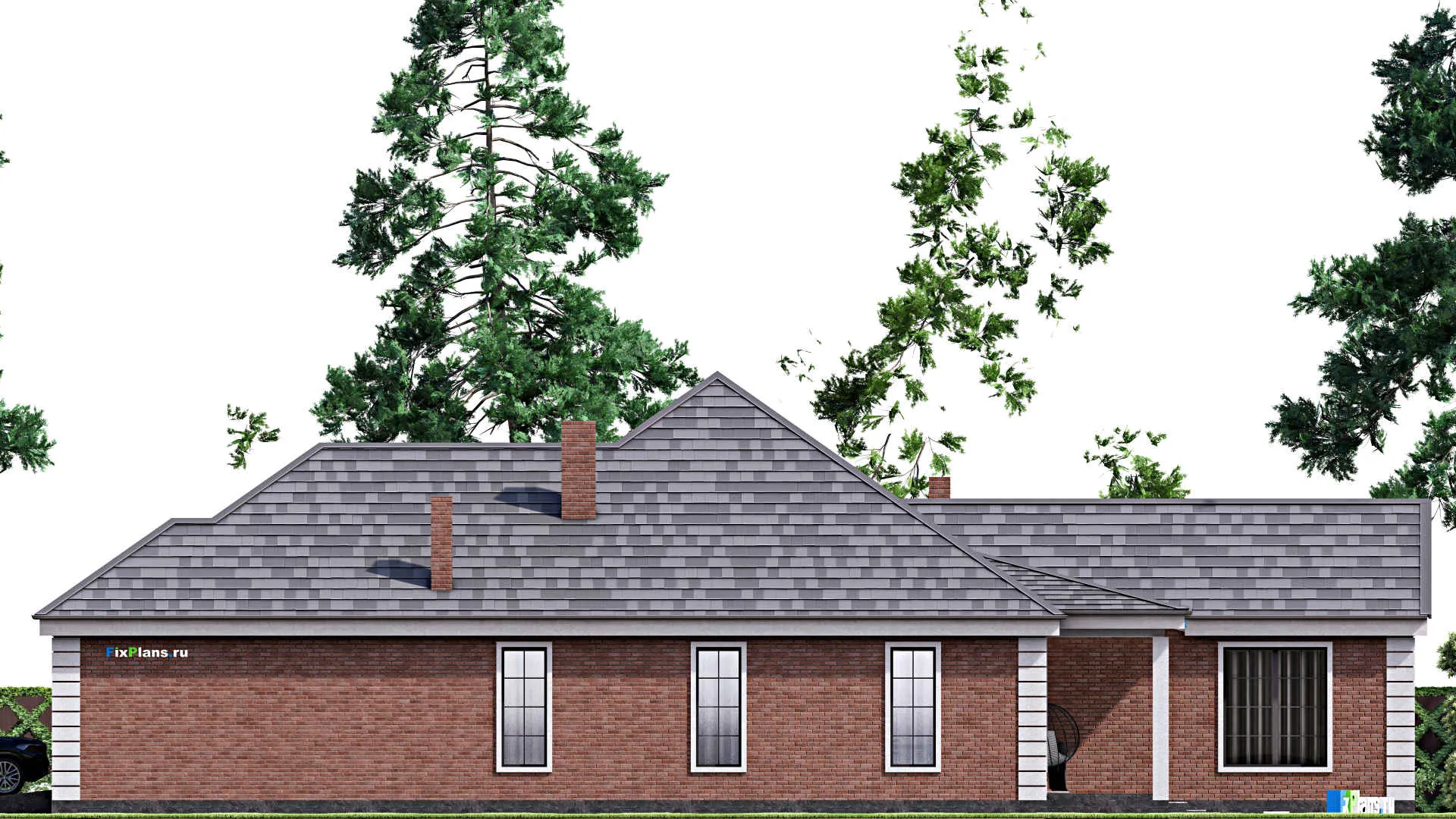 F-16766 - Проект одноэтажного дома 18 на 26, площадью 300 м² с террасой, гаражом на 2 машины и 3 спальнями