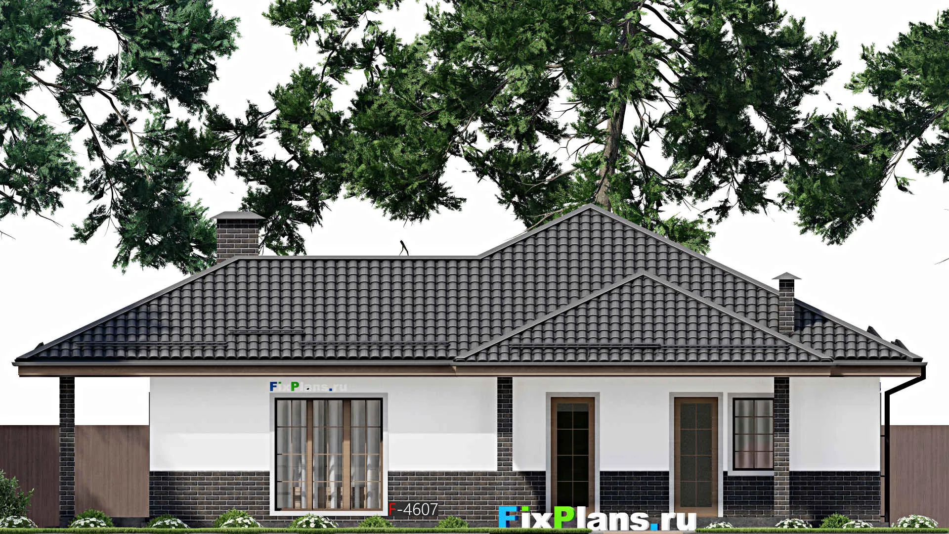 F-4607 - Проект одноэтажного дома 15 на 15, площадью 190 м² с террасой и 4 спальнями