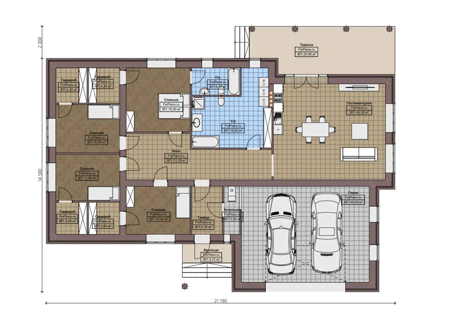 F-3743 - План одноэтажного дома 16 на 22, площадью 250 м² с террасой, гаражом на 2 машины и 4 спальнями