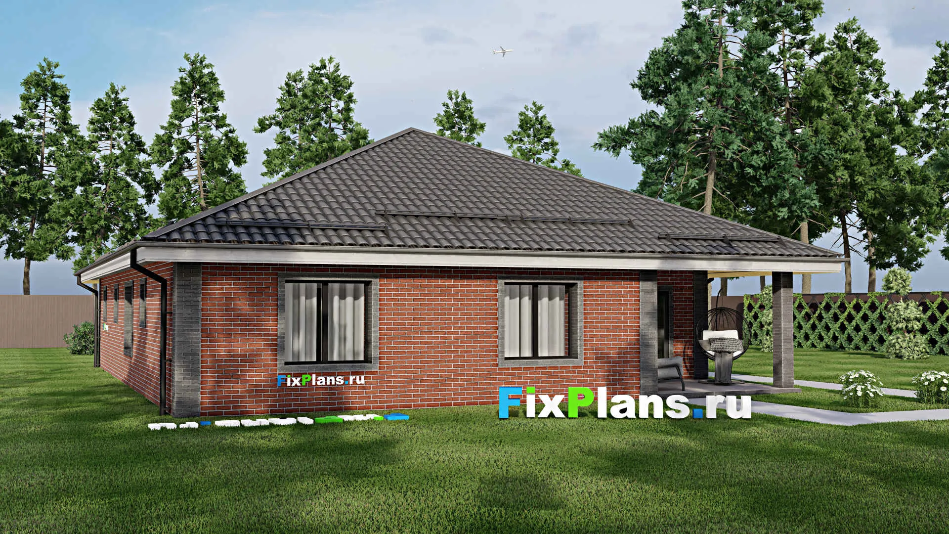 F-4013 - Проект одноэтажного дома 13 на 17, площадью 150 м² с террасой, гаражом на 1 машину и 3 спальнями