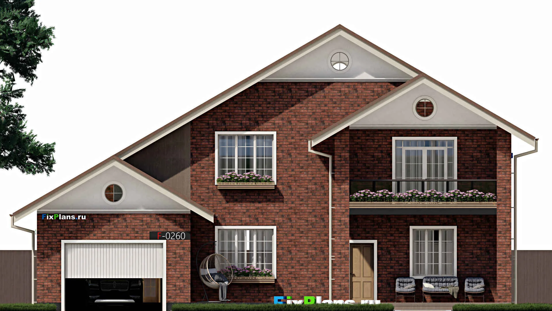 F-0260 - Проект двухэтажного дома 12 на 17, площадью 280 м² с террасой, балконом, гаражом на 1 машину и 4 спальнями