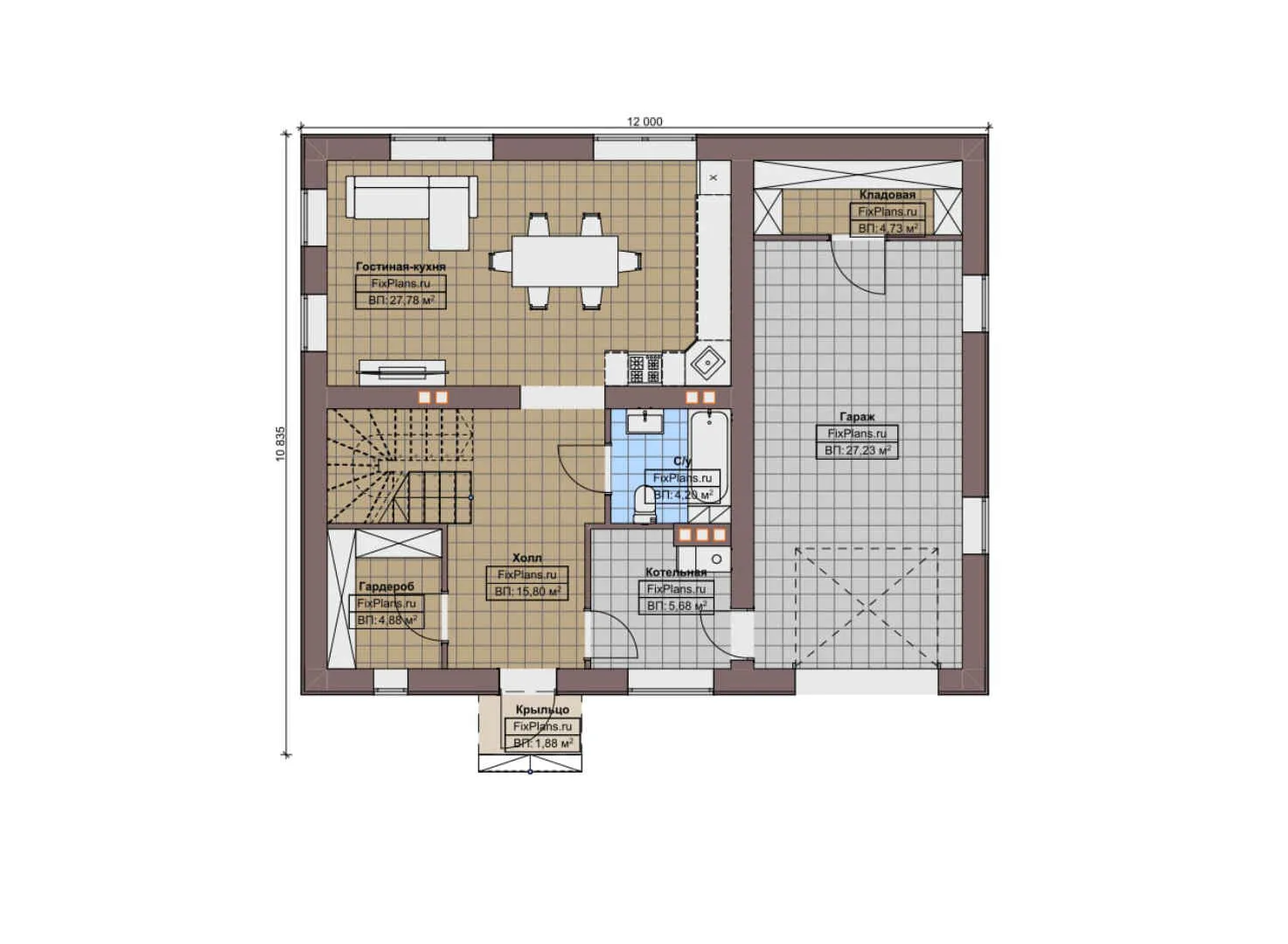 F-9197 - Планы двухэтажного дома 11 на 12, площадью 180 м² с балконом, гаражом на 1 машину и 3 спальнями