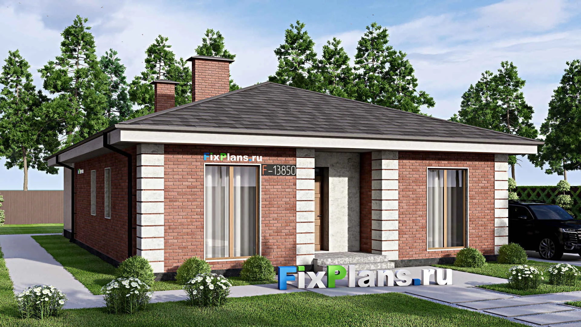 F-13850 - Проект одноэтажного дома 12 на 17, площадью 130 м² с террасой и 3 спальнями