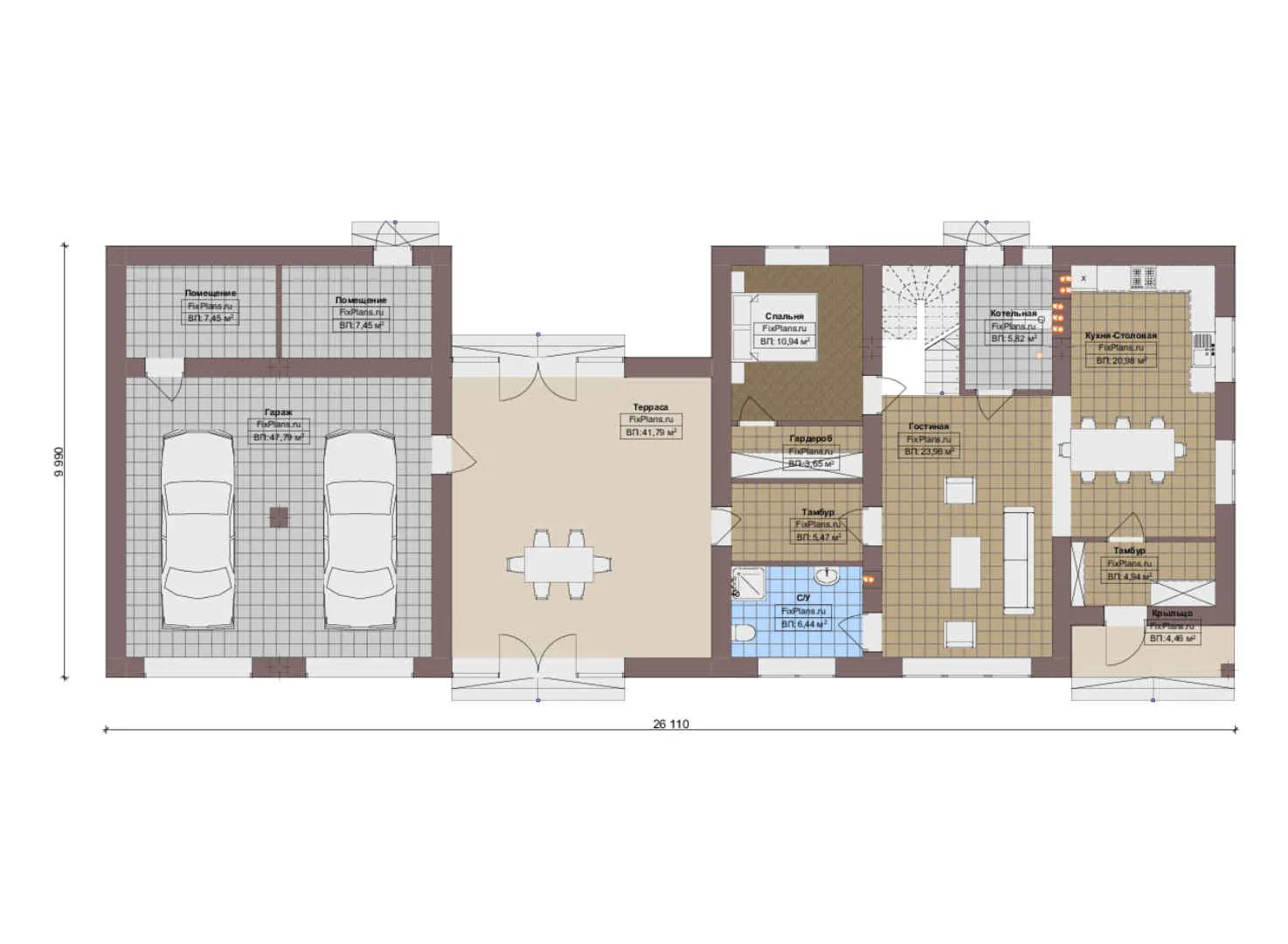 F-18881 - Планы двухэтажного дома 10 на 27, площадью 280 м² с террасой, гаражом на 2 машины и 4 спальнями