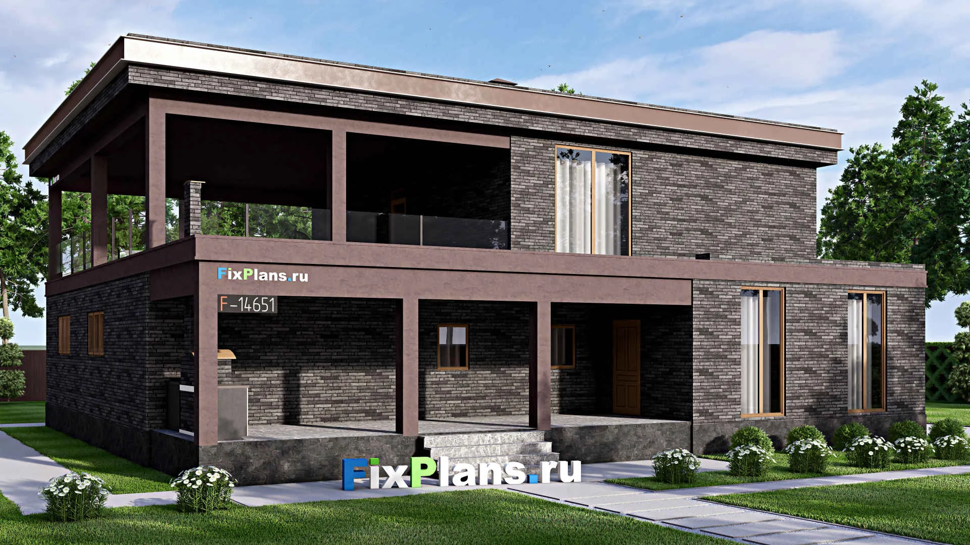 F-14651 - Проект двухэтажного дома 16 на 18, площадью 410 м² с террасой, балконом, гаражом на 2 машины и 4 спальнями