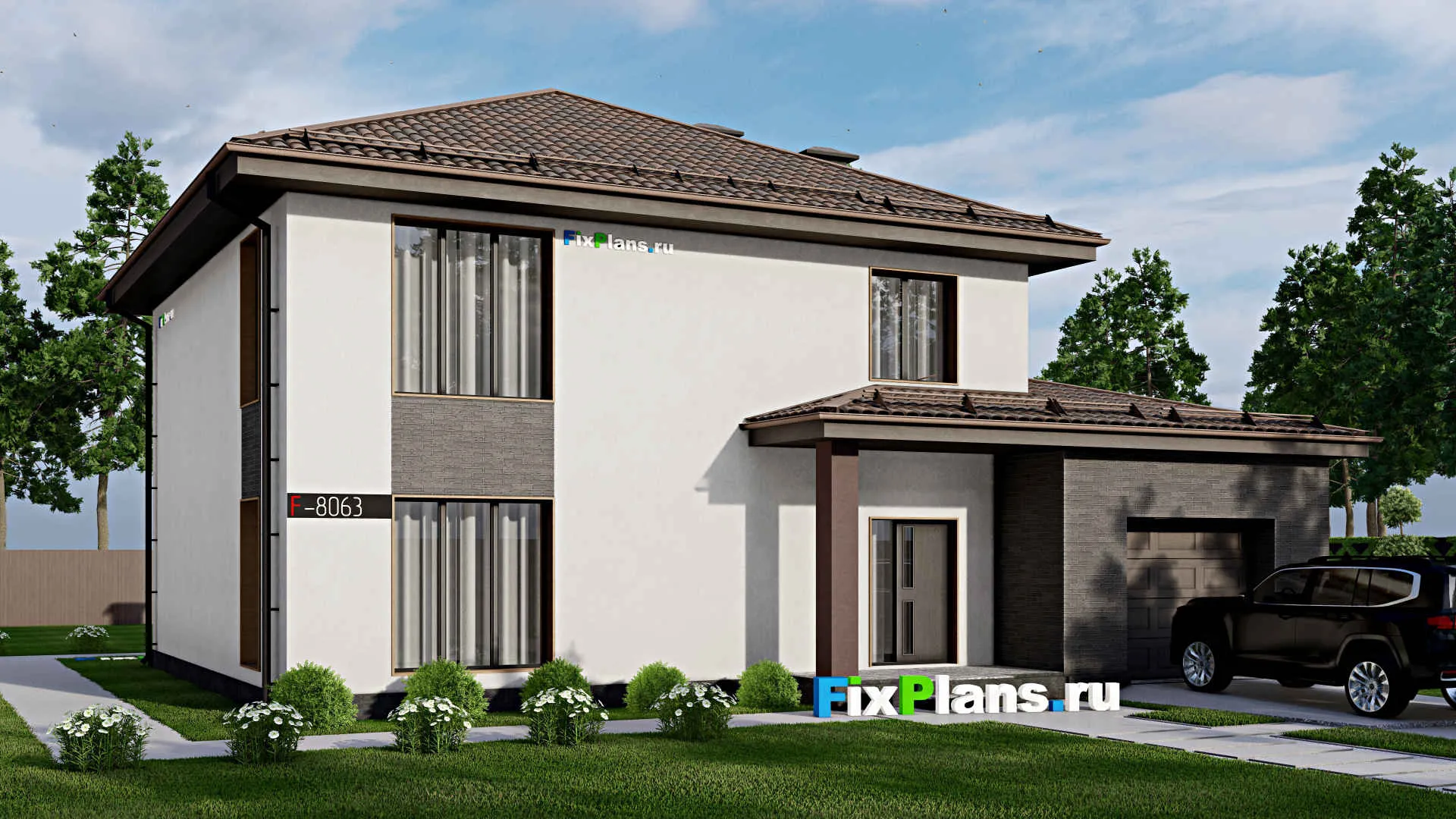 F-8063 - Проект двухэтажного дома 13 на 16, площадью 250 м² с террасой, гаражом на 1 машину и 4 спальнями